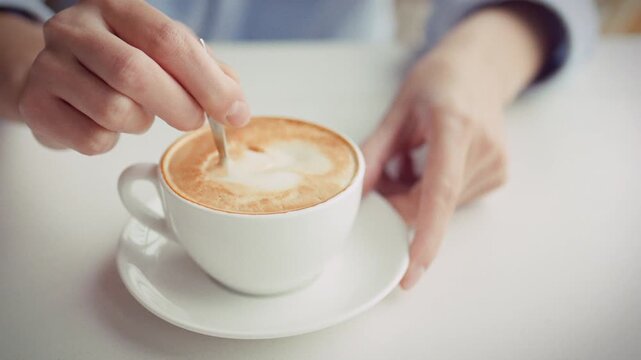 Close-up shows a girl's hands holding a metal spoon, swirling a freshly poured cappuccino in a bright coffee shop during daytime, the steam rising as she mixes the drink in a casual, everyday setting
