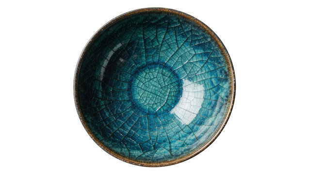Deep blue ceramic bowl with crackle glaze texture, isolated on transparent background