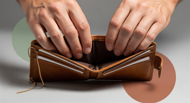 Empty leather wallet held open by hands, brown leather wallet with no money, financial crisis and poverty concept