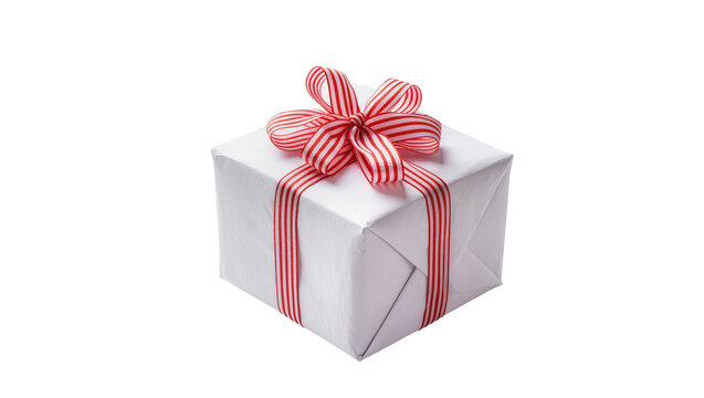 White gift box with red striped ribbon and bow, isolated on transparent background
