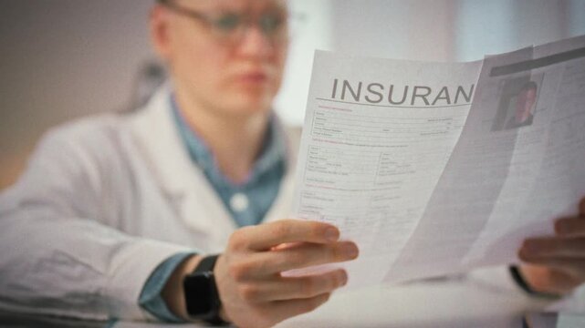 Doctor with glasses reviews documents in bright medical office, consulting a patient card and insurance form. He cross-checks each record, ensuring accurate diagnosis in a clean, professional setting
