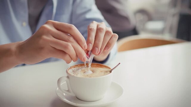 Girl's hands sprinkle sugar from a sticker into a freshly made cappuccino at a daytime roadside cafe, while she sits at a table, the scene showing a simple coffee-service daily routine