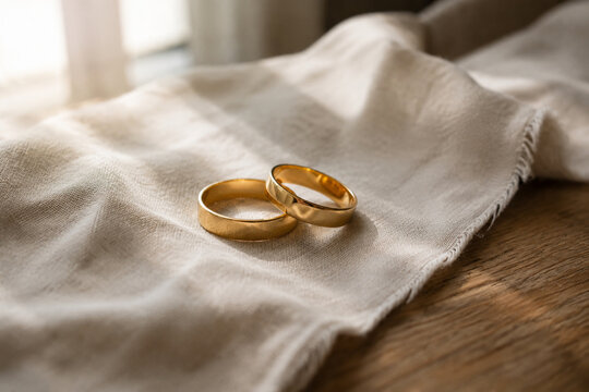 Two gold wedding bands on pale linen cloth, marriage and commitment concept