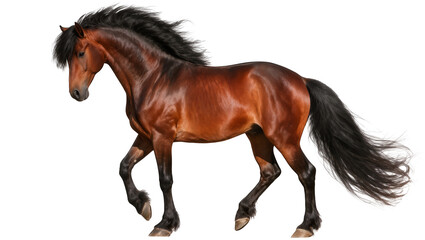 Majestic brown horse with flowing black mane and tail, isolated on transparent background © Sorin