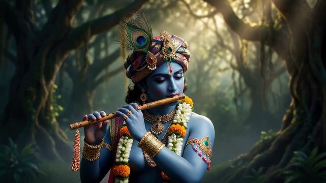 Deity Krishna playing: sacred flute, divine melody, mystical forest, peacock feather, golden ornament, floral garland.