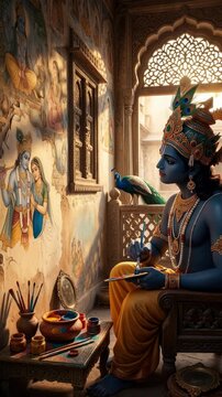 Divine painter Krishna: create mural, grip palette, depict Radha, sit chair, watch peacock, wear crown, decorate wall, use color, paint portrait, adorn jewel, hold brush, gaze window.