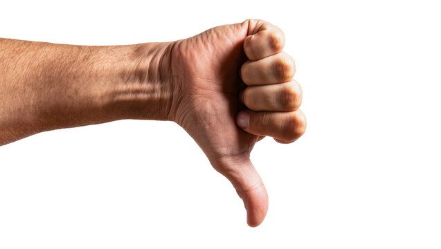 Male hand showing thumbs down gesture, isolated on transparent background