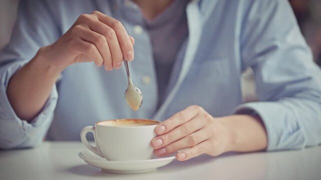 Idea of daily beverage preparation warm natural light illuminates a ceramic cup of cappuccino on a table in a coffee shop, where a girl stirs the foam with a spoon, creating a quiet ambience