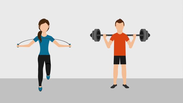 Cartoon People Exercising Woman Jumping Rope and Man Lifting Weights, Animated Gym Fitness Workout Routine Concept with Dynamic Motion Graphics on Clean Background.