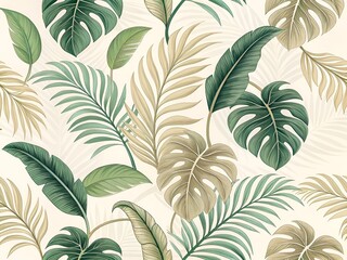 Fototapeta premium Tropical foliage pattern with monstera and palm leaves in muted green and beige tones