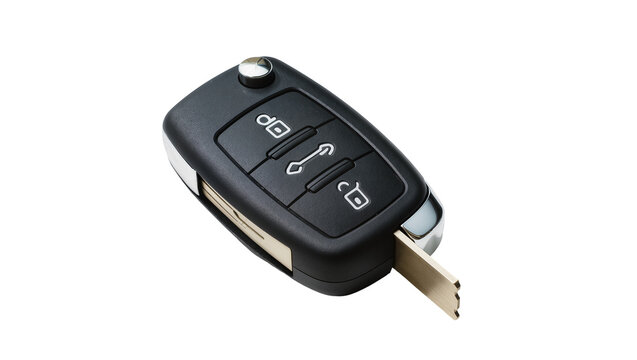 Black car key fob with metal blade extended, isolated on transparent background