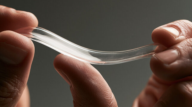 Elegent photo of Hands stretching a clear elastic silicone strip against a neutral background. Use for flexible material testing, innovative engineering, or modern manufacturing concepts.