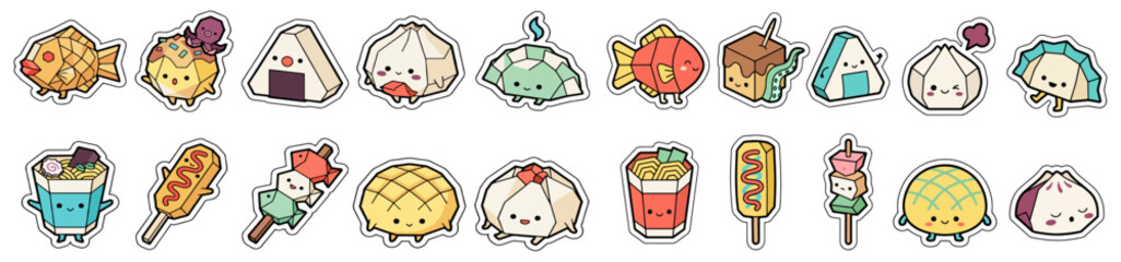 Fototapeta premium Kawaii Asian Street Food Folded Paper Character Sticker Set