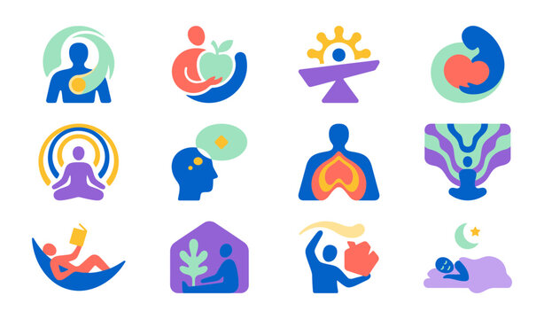 Collection of abstract wellness icons representing mental health mindfulness and self care
