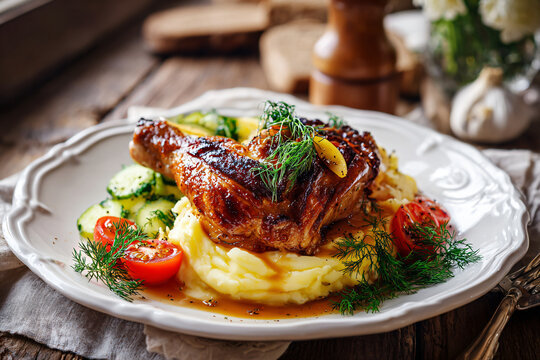 Juicy roasted chicken served with creamy mashed potatoes, fresh vegetables and herbs, creating a classic comforting homemade dinner presentation
