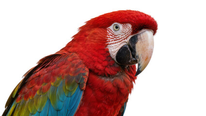 Vibrant red and green macaw parrot head with large beak, isolated on transparent background © Sorin