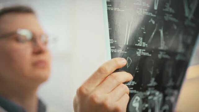 In hospital imaging suite, doctor holds a large MRI film displaying multiple angled images of the injury, aiding trauma assessment and guiding medical treatment decisions in the emergency department