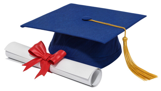 Blue graduation cap with gold tassel and diploma scroll tied with red ribbon, isolated on transparent background