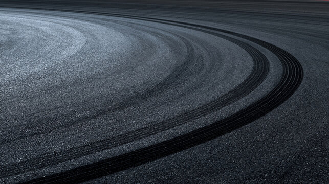 Elegent photo of Black tire skid marks on asphalt race track curve. Conceptual image for automotive performance and dangerous high speed driving.