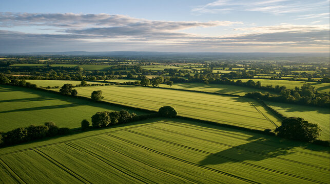 Elegent photo of Aerial view of vast lush green agricultural fields during a serene golden hour sunset. Ideal for themes of environmental conservation and sustainable rural farming industry.