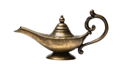 Antique brass genie lamp with ornate carvings, isolated on transparent background © Aliona