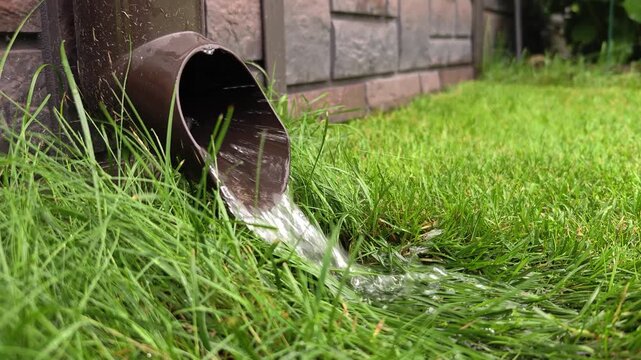 It is raining heavily, and rainwater is draining from the roof of the house along the wall through a downpipe. The drops scatter across the grassy lawn. Cloudy summer weather