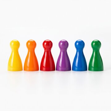 Board game pawns featuring different vibrant colors stand evenly spaced across a bright background.