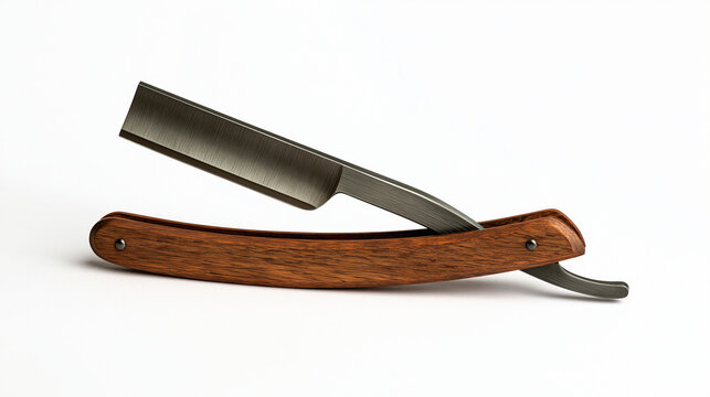 Elegent photo of A sharp straight razor with a wooden handle isolated on white background. Perfect for professional barber shop and grooming branding projects.