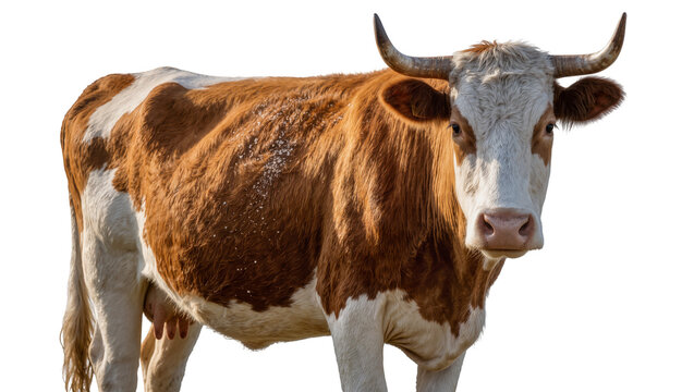 Brown and white spotted cow with horns, isolated on transparent background