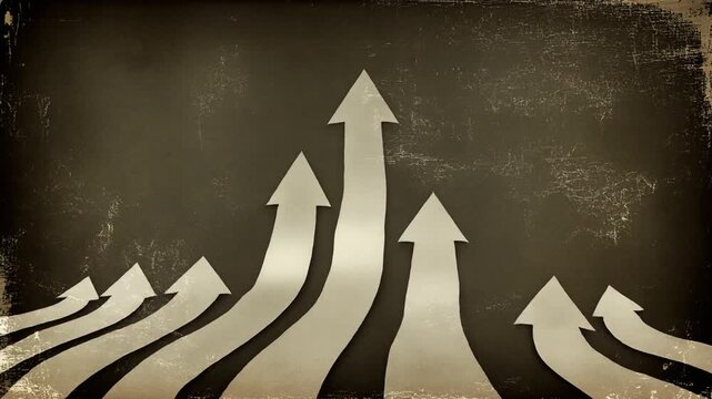 &ldquo;Stylized upward arrows converging at center, varied sizes and curves, textured vintage brown gradient background, symbolizing growth, unity, and upward momentum.&rdquo;