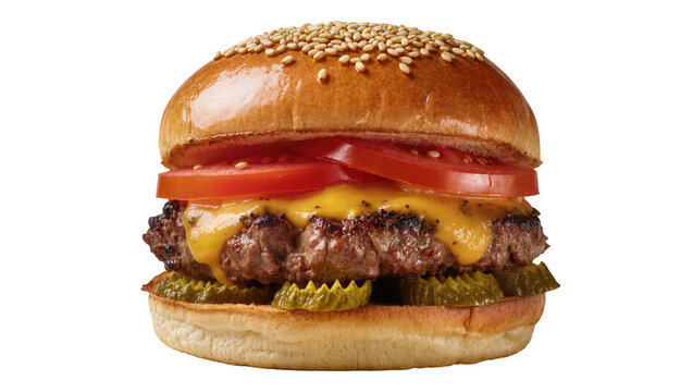 Juicy beef burger with melted cheese tomato slices pickles, isolated on transparent background