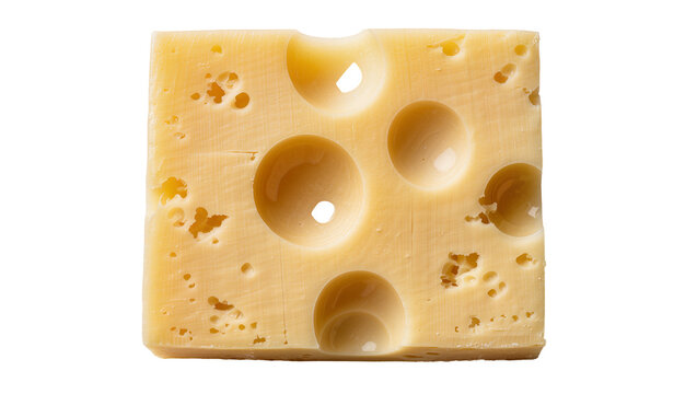 Yellow Swiss cheese block with large holes, isolated on transparent background