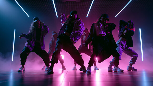 Urban hip hop dancers performing a neon-lit street dance routine in a moody studio