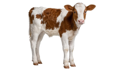 Young brown and white spotted calf standing, isolated on transparent background © Maria