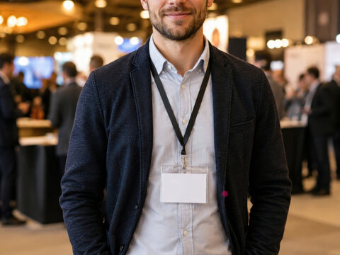 Business Man Wearing Blank Badge Mockup at Conference, Smiling Professional Executive Attending Seminar or Trade Show Event