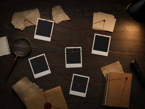Detective Evidence Board with Blank Photos and Red String, Investigation Desk Flat Lay, Magnifying Glass, Map Snippets, Vintage Secret Case