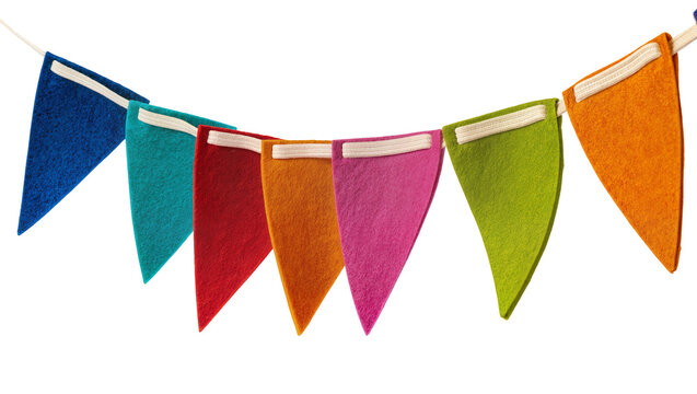 Colorful felt triangle bunting flags strung together, isolated on transparent background