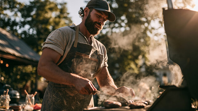 Man grilling burgers on a charcoal barbecue outdoors at sunset, smiling while cooking for friends