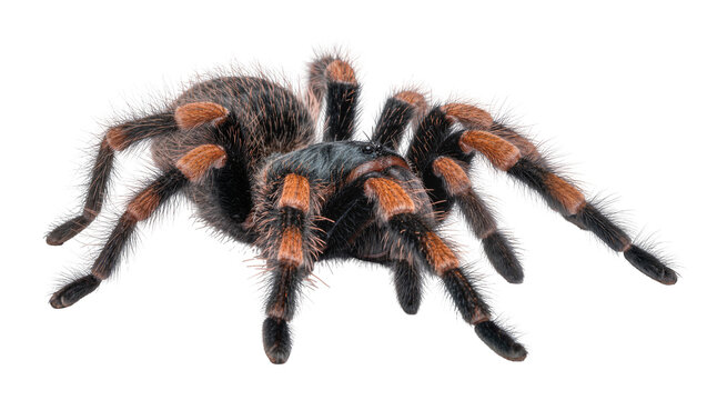 Mexican redknee tarantula with black and orange striped legs, isolated on transparent background