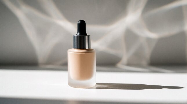 Liquid foundation makeup in glass bottle with black dropper. Product sits on white surface under natural light. Soft shadows create aesthetic mood. Beauty cosmetic item for skin care, complexion