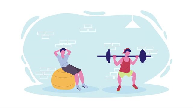 Two Figures Exercise Indoors with Barbell and Fitness Ball on Light Blue Background, Animated Group Gym Workout Training Concept with Dynamic Motion Graphics on Clean Backdrop.