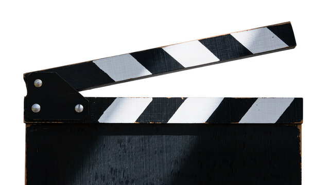 Black and white striped clapperboard open and ready for use, isolated on transparent background