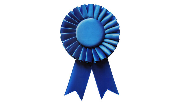 Blue rosette award ribbon with pleated fabric and two hanging streamers, isolated on transparent background