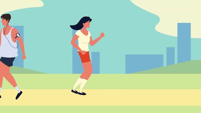 Fit Woman Jogging in Urban Park Wearing Tshirt and Shorts, Animated Morning Workout Routine, Outdoor Sports Fitness Lifestyle Concept with Dynamic Motion Graphics on Clean Background.