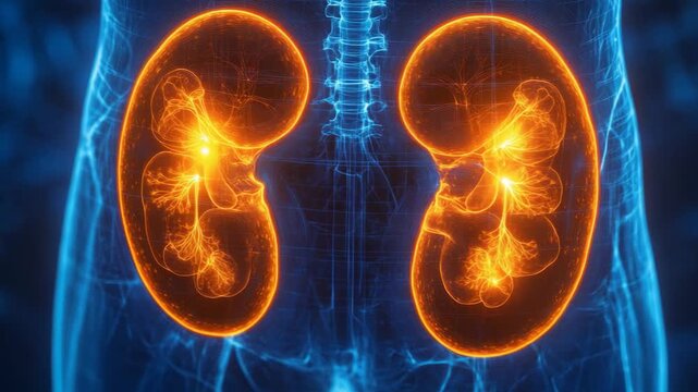 selective focus medical hologram adrenal glands kidney region hormone signaling pathways visualization torso anatomy interface