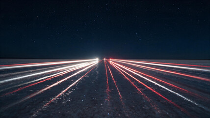 Starry night sky over a desert road with light trails © Farhan