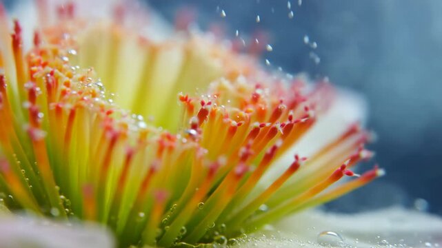 Macro flower center with glistening droplets, upright filaments, yellow-green bases, orange-red tips, and soft light creating vivid botanical detail, with flower, macro, stamen, filament detail