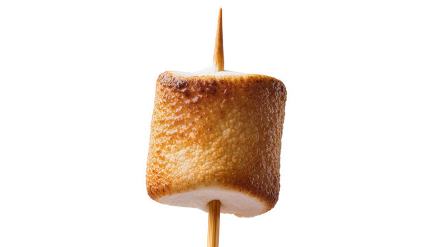Golden brown toasted marshmallow on wooden skewer, isolated on transparent background