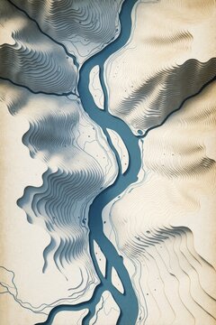 Topographic map showing river valley from above. Layered paper style creates depth. Blue water flows through cream and grey contour lines illustrating hills.