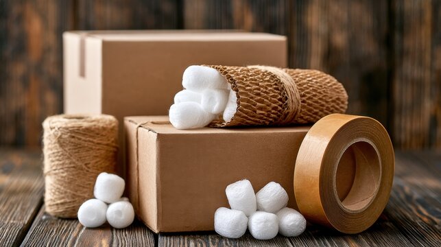 Cardboard boxes with packaging materials and tools on rustic wooden background for shipping, moving, and storage solutions and eco-friendly concepts